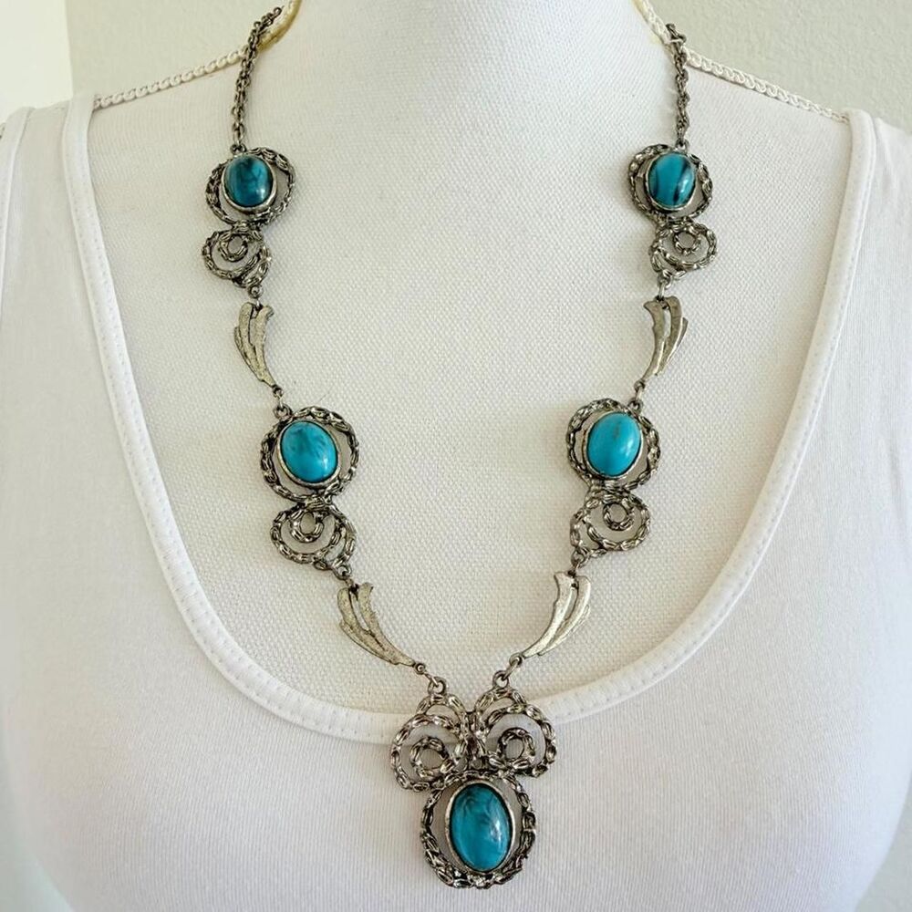 Vintage Signed JJ Jonette Jewelry Faux Turquoise Filigree Statement Necklace 70s